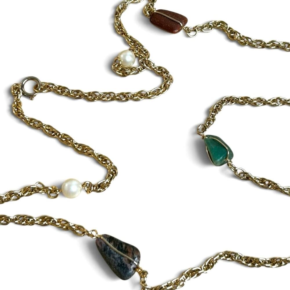 Vintage Gold Tone Multi Stone Faux Pearl Station Necklace Long Rope Chain 70s